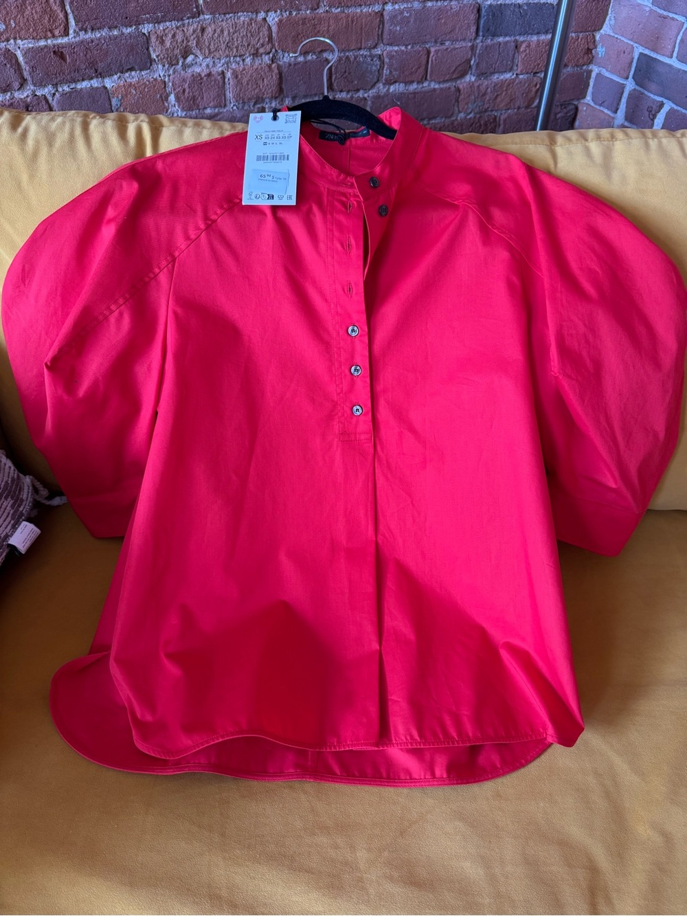 Zara Bright Red Puff-Sleeve Button-Front Blouse